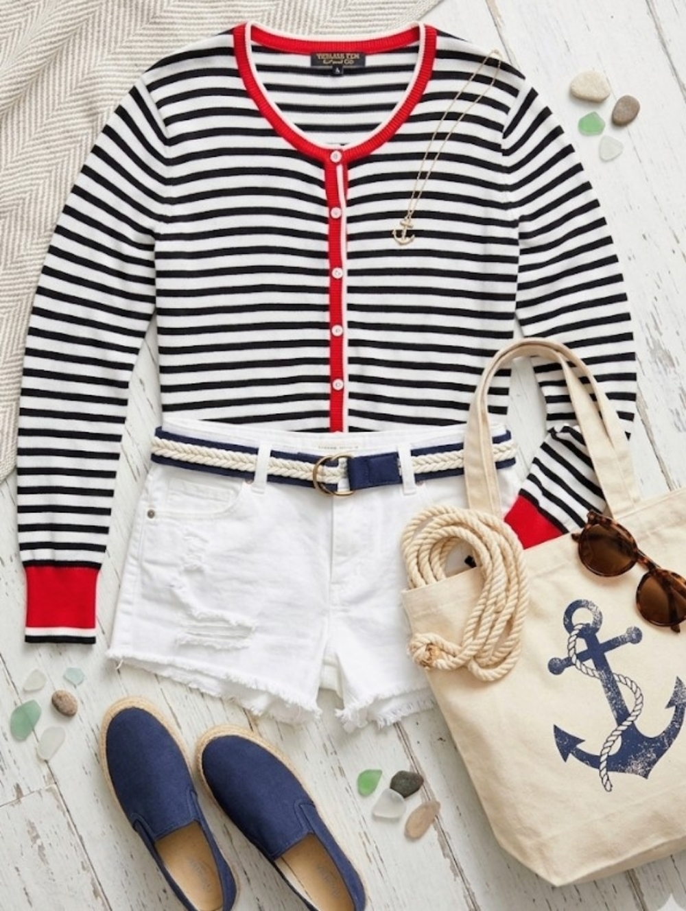 Vintage Black & White Striped  with Red Trim-Nautical Cardigan (Size L)